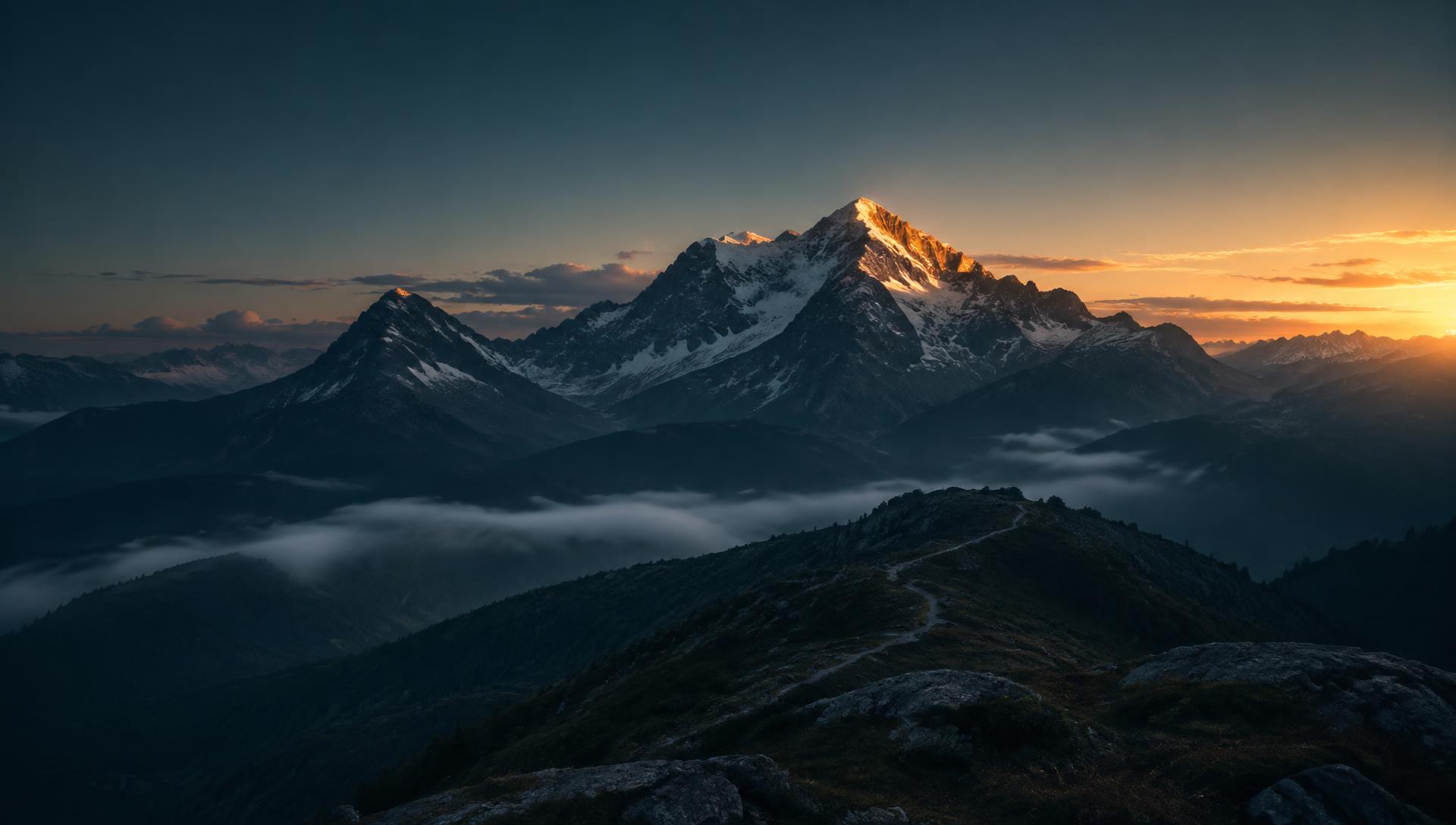 Montanha ao amanhecer com caminho em direção ao cume
